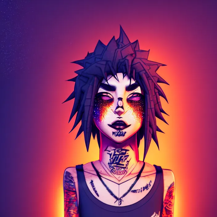 Image similar to a streetwear mixed woman wearing thick mascara by Studio Trigger, crying, a city on fire in the background, police lights shine on her face, tattoos, dark glitter makeup, Cinestill 50d, 4k, 8k, hd, full color, octane render, trending on artstation, highly detailed