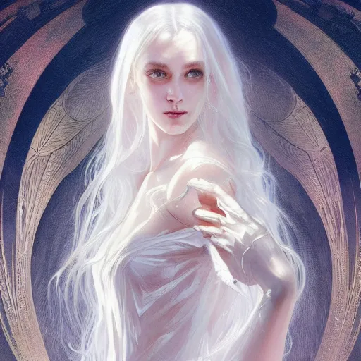 Image similar to god, ghostly, white hair, long hair, gorgeous, amazing, elegant, intricate, highly detailed, digital painting, artstation, concept art, sharp focus, illustration, art by artgerm and greg rutkowski and alphonse mucha