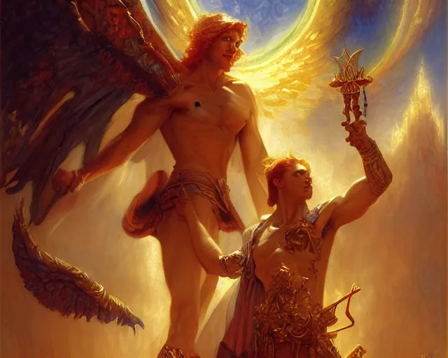 Image similar to attractive male deity, casting demonic magic, summoning handsome lucifer morning star. highly detailed painting by gaston bussiere, craig mullins, j. c. leyendecker 8 k