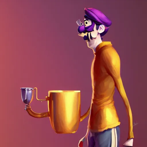 Prompt: waluigi holding golden cup, by lois van baarle, greg rutkowski, artstation, digital art, high detailed, high quality,