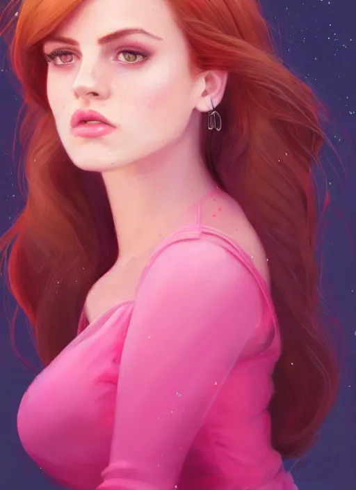 Image similar to full body portrait of teenage cheryl blossom, bangs, green eyes, sultry expression, red hair, sultry smirk, bangs and wavy hair, pink skirt, bangs, intricate, elegant, glowing lights, highly detailed, digital painting, artstation, concept art, smooth, sharp focus, illustration, art by wlop, mars ravelo and greg rutkowski