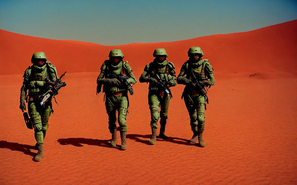 Image similar to in a dusty red desert, a team of five swat future soldiers in dark green tactical gear like death stranding and halo hike. They 're afraid. mid day, heat shimmering, color, 35mm film photography, lawrence of arabia