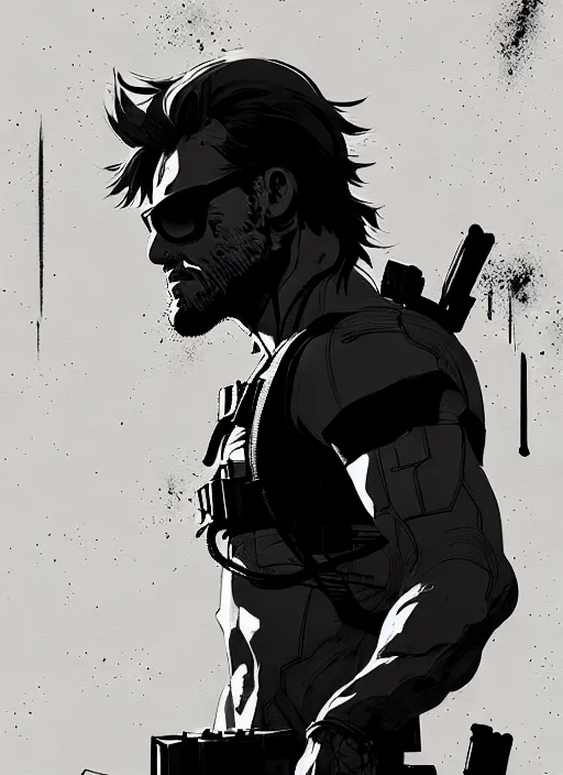 Image similar to highly detailed closeup of a moody solid snake mgs in codek by atey ghailan, by greg rutkowski, by greg tocchini, by james gilleard, by joe fenton, by kaethe butcher, gradient, blue, black, brown and white color scheme muted tones, grunge aesthetic!!! white graffiti tag wall background