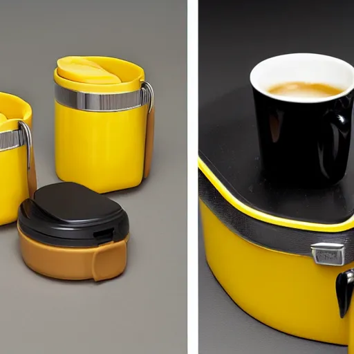 Image similar to yellow coffee mug, mugs surface is similar to a rimowa aluminium suitcase, mug is full of steaming coffee