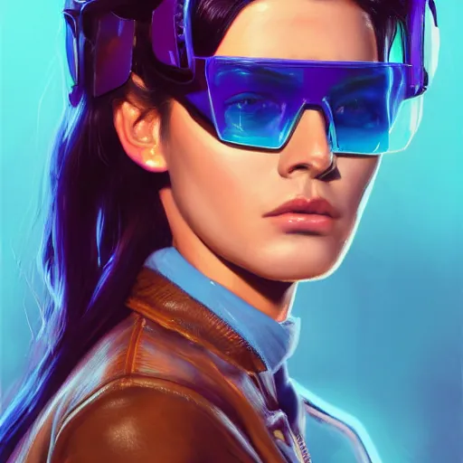 Image similar to very detailed masterpiece closeup painting of a very beautiful young mexican cyberpunk woman with light blue shutter shades, one side haircut, long brown hair with light blue ends, purple leather jacket, beauty mark on cheek, portrait, synthwave background, artstation, concept art by greg rutkowski