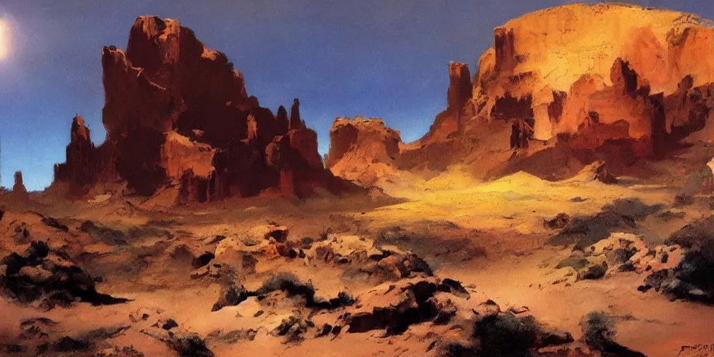 Prompt: Arizona desert, the passage of time, Oil Paint, Beautiful Lighting, by Frank Frazetta