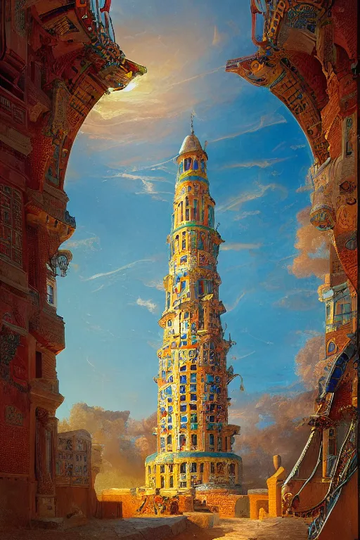 Prompt: glorious painted tower of the sun and stars by Ludwig Deutsch and Rudolf Ernst and tyler edlin, dramatic cinematic lighting , beautiful colorful tilework, ornate architecture, smooth, sharp focus, extremely detailed