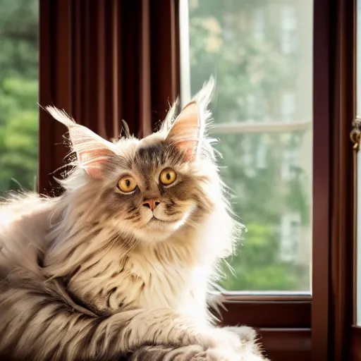 Prompt: portrait cream color maine coon cat curled up, bay window sofa, 8K, 4K, by Matt Bors, by Antoine Blanchard, oversaturated lens flair, bokeh, sunbeam