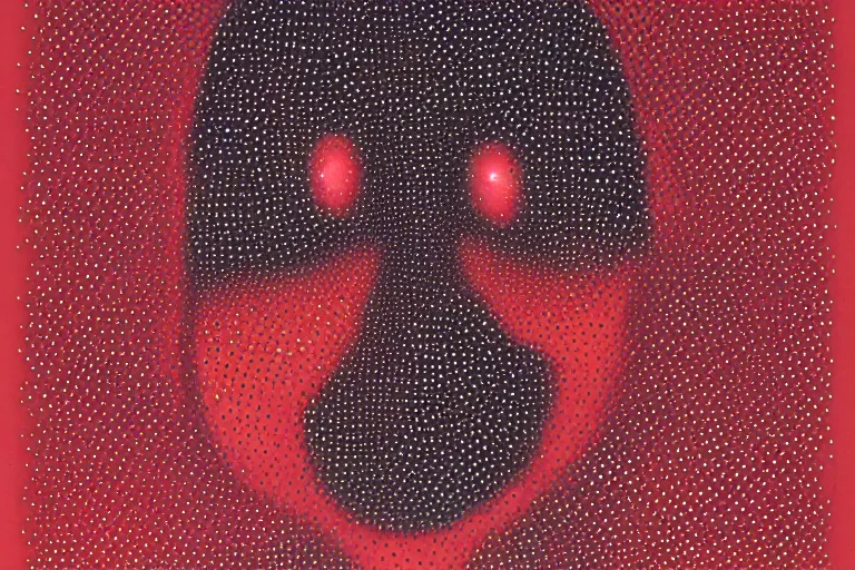 Image similar to face made out of mist, faceless people dark, dots, drip, stipple, pointillism, technical, abstract, minimal, style of francis bacon, asymmetry, pulled apart, cloak, hooded figure, made of dots, abstract, balaclava, red dots