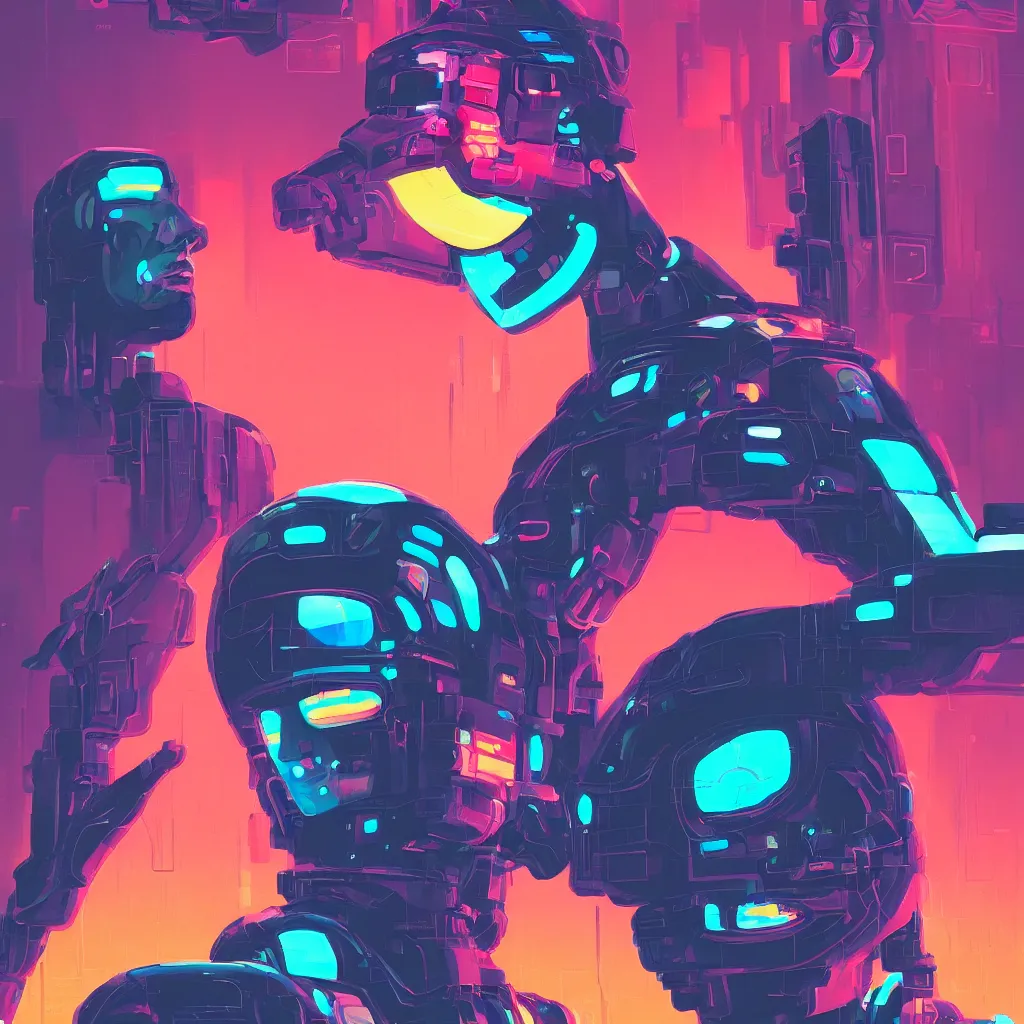 Image similar to a graph - style gouache impasto huge robot head in front of her, cyberpunk art by by james gilleard, cgsociety, retrofuturism, synthwave, retrowave, outrun