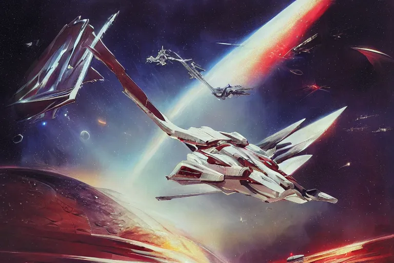 Image similar to gnostic space nebula with debris by raymond swanland, framing a pteranodon battlecruiser, with white kanji insignias, sleek, white john berkey panels, wine red trim, Ralph mcquarrie insets. spines and towers, rows of windows lit internally, sensor array, blazing engines, robotech styling, boeing concept art, cinematic lighting by liam wong