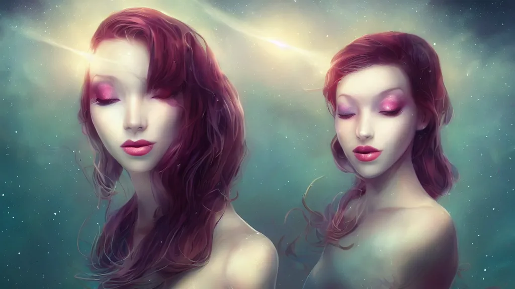 Prompt: whimsical, a single beautiful playful woman, wearing professional makeup, standing in a lake, under the stars, with a binary black hole with a ring in the sky, by Lois van Baarle, by Greg Rutkowski, by artgerm, by ross tran, cinematic angle, face enhance, volumetric lighting, cinematic lighting, digital art, 4k resolution, octane render, trending on artstation, masterpiece