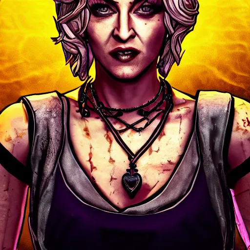 Image similar to madonna portrait, borderlands, tales from the borderlands, the wolf among us, comic, cinematic lighting, studio quality, 8 k