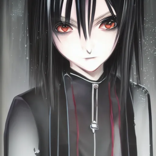 Image similar to 1 7 - year - old goth girl, black hair, long bob cut, long bangs, gothic coat, dark hallways, soft lighting, glowing keypads, secret society, roman pillars, strong lighting, strong shadows, vivid hues, ultra - realistic, sharp details, subsurface scattering, intricate details, hd anime, 2 0 1 9 anime