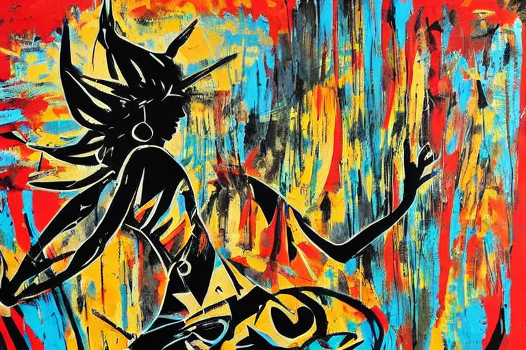 Image similar to abstract background for the summer. tribal dance theme. modern design, painting for a wall, contemporary art deco print. ink brush strokes, brushes, lines, woman silhouette, grungy. dirty artistic elements. acrylic art, in the style of danny mcbride and / or knyazev konstantin