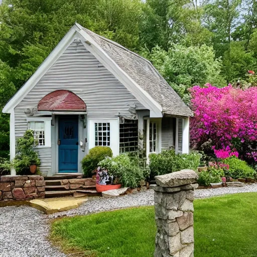 Prompt: a cute and quaint cobblestone cottage in the foothills of the blue ridge mountains with a lush vegetable garden in the front yard