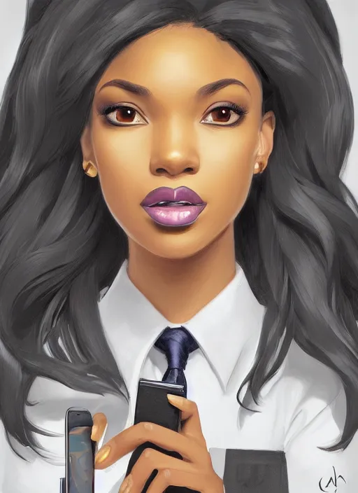 Prompt: detailed digital painting of beautiful black woman in corporate attire juggling cell phones manila folders coffee mugs, fanart behance trending on artstation, concept art, matte, sharp focus, illustration, corporate office atmosphere, hearthstone, art by artgerm and greg rutkowski and alphonse mucha