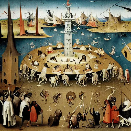 Prompt: hieronymous bosch painting of wall street filled with tortured bankers and suffering traders