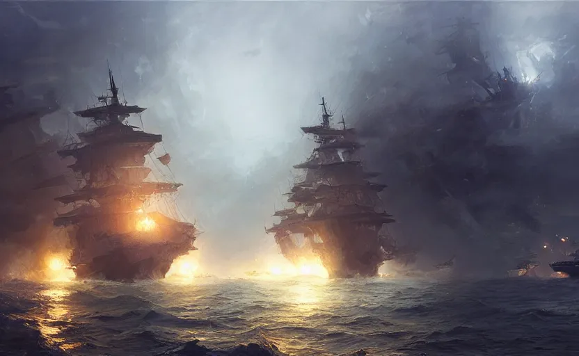 Image similar to Epic naval battle, elegant, volumetric lighting, digital painting, highly detailed, artstation, sharp focus, illustration, concept art, ruan jia, steve mccurry