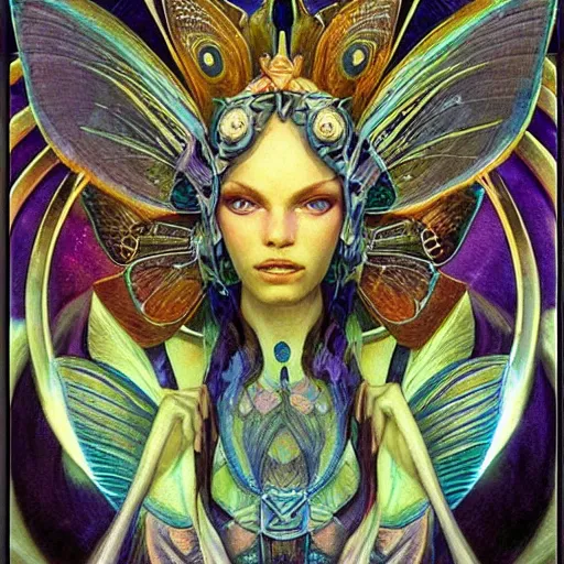 Image similar to beautiful closeup portrait of an art deco fairy queen, glowing eyes. reflective detailed textures, moth wings, highly detailed dark fantasy science fiction painting by donato giancola and peter mohrbacher and nicholas roerich and diego rivera, elaborate geometric ornament, ancient runes, silver and cool colors. artstation