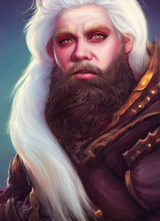 Prompt: dwarf with white hair, piercing red iris, long beard, pale snow white skin, full body character portrait, colorful, highly detailed, digital art by artgerm