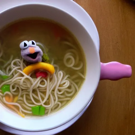 Image similar to muppet submerged in a bowl of noodle soup