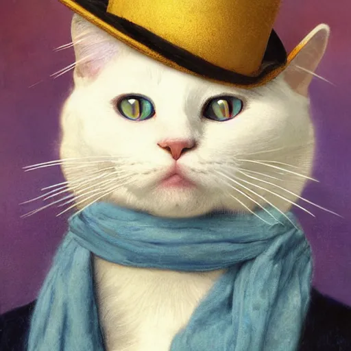 Prompt: a portrait of a male white cat with human blue eyes wearing a scarf and a top hat, titian, sam spratt, maxfield parrish, gustav klimt, tom bagshaw, mark ryden, alphonse mucha, rembrandt, high quality, painting, oil