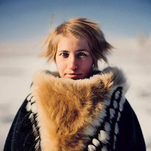 Prompt: symmetry!! portrait photograph of an extremely beautiful!!!! young blonde female with symmetric face. with a very detailed barn owl!!!!! on her shoulder. wearing traditional greenlandic national costume or kalaallisuut. in iceland. petzval lens. shallow depth of field. polaroid featured on flickr, art photography,