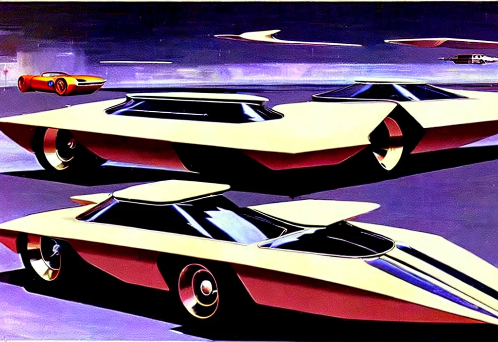 Image similar to an extremely complex and advanced car from the 1960s, extreme plus resolution fantasy concept art, intricate details to everything visible, sharp lighting, Dramatic light by Denis Villeneuve, strong emphasis on Syd Mead and Robert McCall