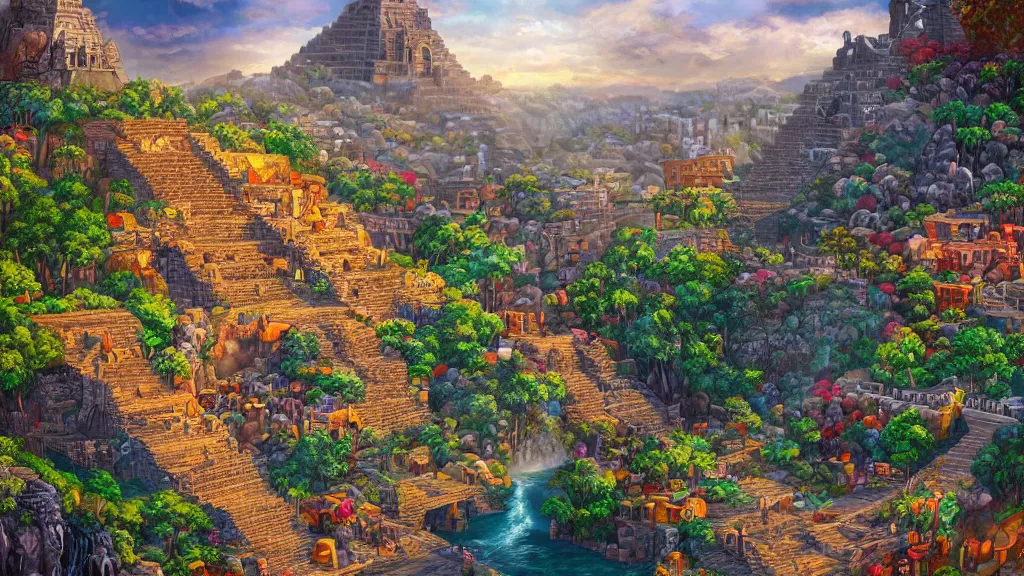 Image similar to ancient aztec city built into a cliff face, waterfall cutting the city in half, lovely colors, art station, digital art, HD, 4k, beautiful foliage