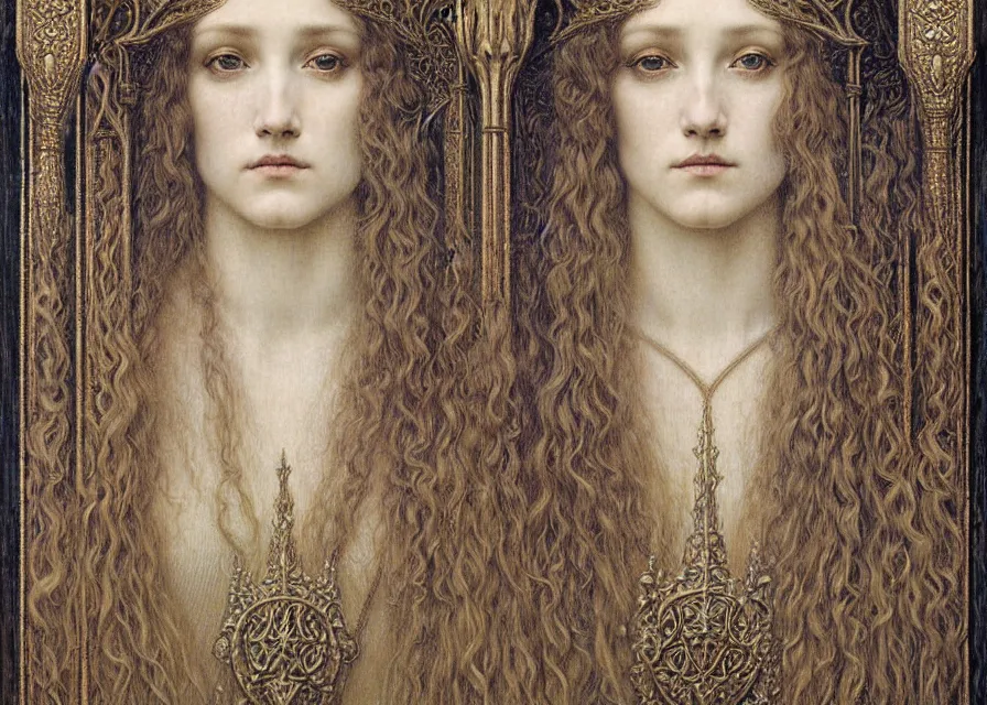 Image similar to detailed realistic beautiful young medieval queen face portrait by jean delville, gustave dore and marco mazzoni, art nouveau, symbolist, visionary, gothic, pre - raphaelite. horizontal symmetry