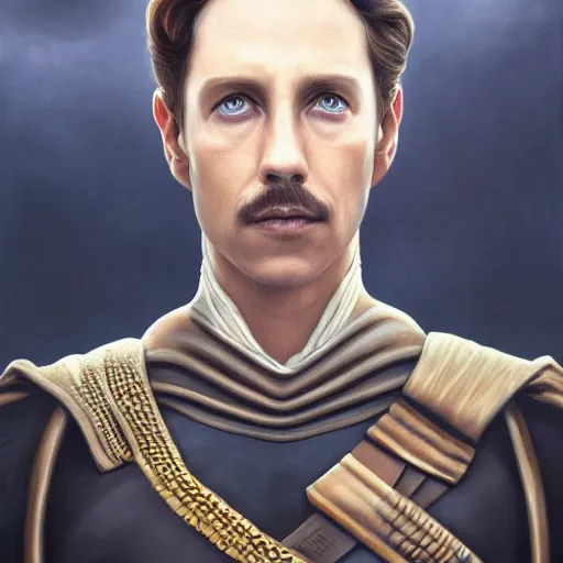 Image similar to realistic paul atreides emperor of the known universe, perfect dramatic and dark portrait by rabbitary b, trending on artstation, deviantart, dune, low angle oil painting and composition laws, dark foggy background, man with thin lines on the face, medium - long curly brown hair, completely blue eyes, denis villeneuve cinematography