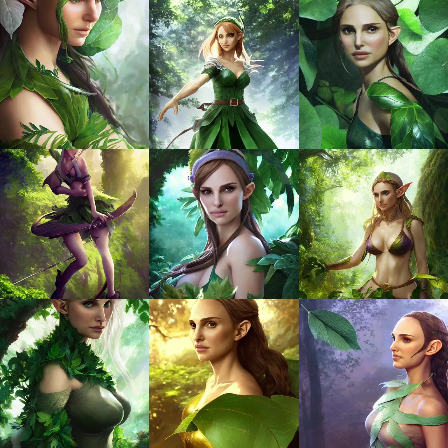 Prompt: a high-resolution photo of a beautiful elf girl (played by Natalie Portman) elegantly wrapped with green lush leaves, by Andrea Chiampo, artstation and Frederik Heyman, extremely detailed woman, stunning lighting, fantasy, 4k, in the style of Fate/Stay Night: Unlimited Blade Works, anime