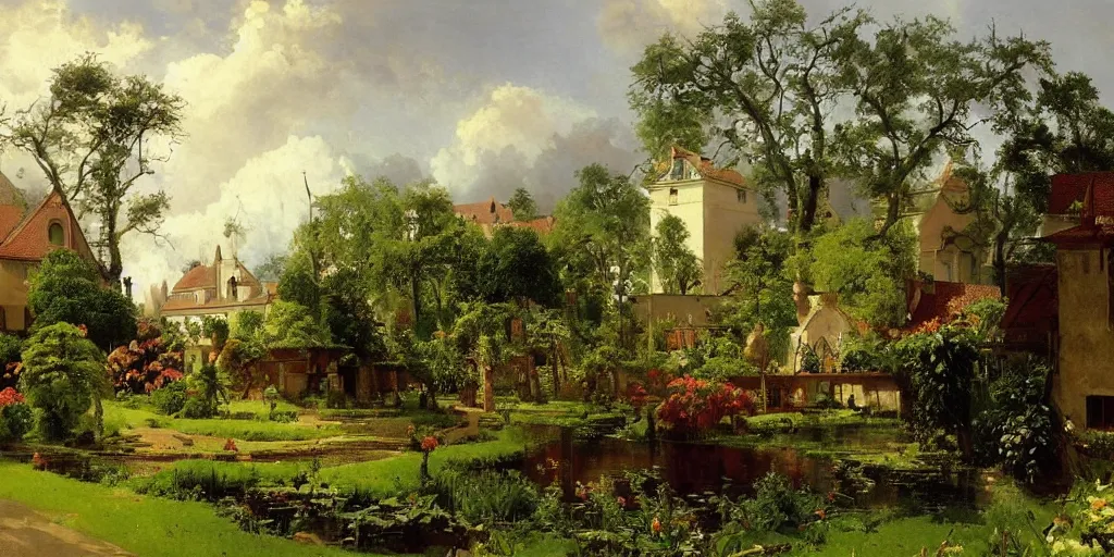 Prompt: a painting of a small town with beautiful gardens by carl spitzweg and tuomas korpi