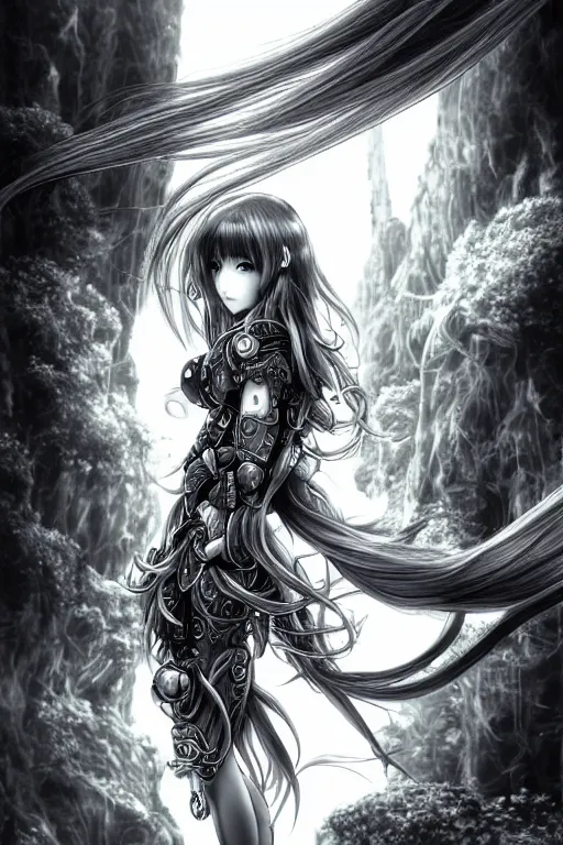 Image similar to a vertical portrait of a character in a scenic environment by Yoshitaka Amano, black and white, dreamy, cybernetic armor, wavy long black hair, highly detailed