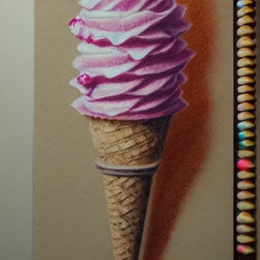 Image similar to Colored pencil art on paper, Ice Cream cone, highly detailed, artstation, MasterPiece, Award-Winning, Caran d'Ache Luminance