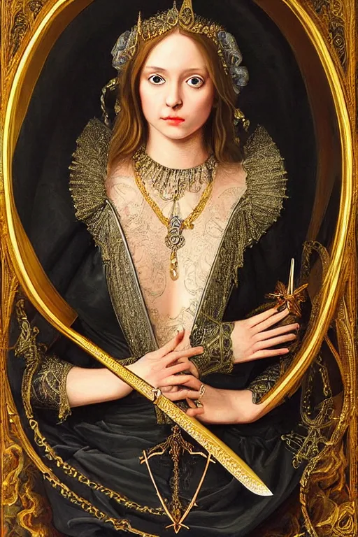 Image similar to hyper realistic painting portrait of the princess of swords, occult diagram, elaborate details, rococo, baroque, gothic, intrincate ornaments, gold decoration, caligraphy, occult art, illuminated manuscript, oil painting, art noveau