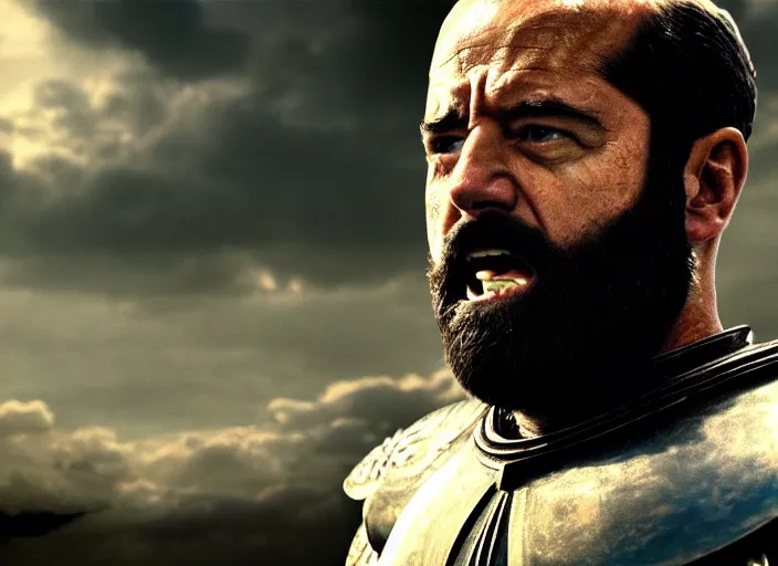 Prompt: film still of joe biden as leonidas in 3 0 0 movie, 8 k, epic moody sky, dramatic lighting