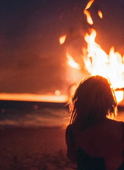 Image similar to a 3 5 mm photo from the back of a woman watching a bonfire on the beach, splash art, movie still, bokeh, canon 5 0 mm, cinematic lighting, dramatic, film, photography, golden hour, depth of field, award - winning, anamorphic lens flare, 8 k, hyper detailed, 3 5 mm film grain