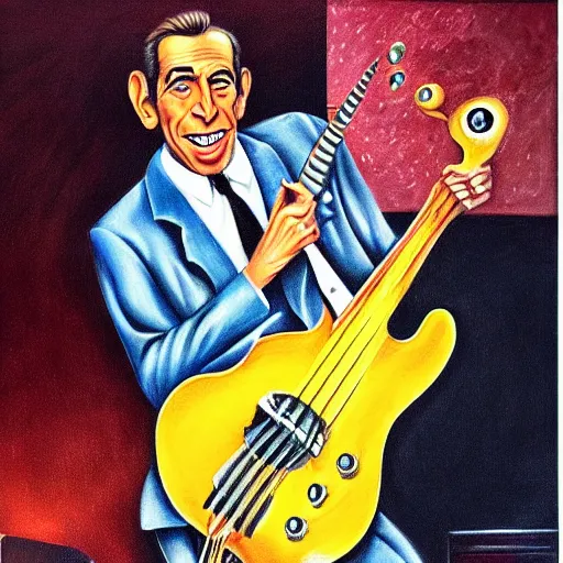 Prompt: beautiful lifelike painting of humphrey bogart playing bass guitar live on stage for kid creole and the coconuts, hyperreal detailed facial features and uv lighting, art by ed roth and basil wolverton