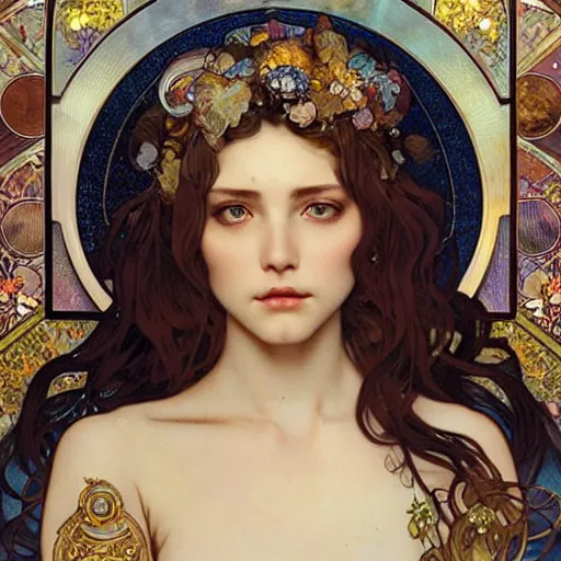 Prompt: realistic detailed face portrait of the beautiful young Queen of Precious Stones with rough crystal point clusters growing out of her hair by Alphonse Mucha, Ayami Kojima, Amano, Charlie Bowater, Karol Bak, Greg Hildebrandt, Jean Delville, and Mark Brooks, Art Nouveau, Neo-Gothic, gothic, rich deep moody colors