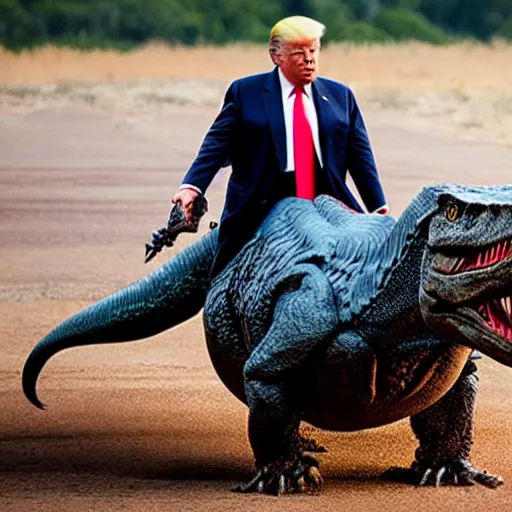 Prompt: Real professional photograph of Donald Trump riding a T-Rex