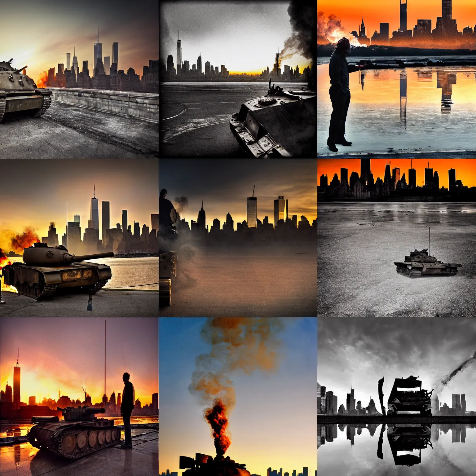 Image similar to destroyed tank in front of the new york skyline, smoking and burning, reflections, award winning photograph, sunset, desolate, atmospheric