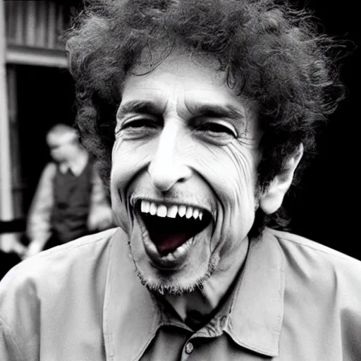 Image similar to bob dylan eating worms, grinning like a child, photograph