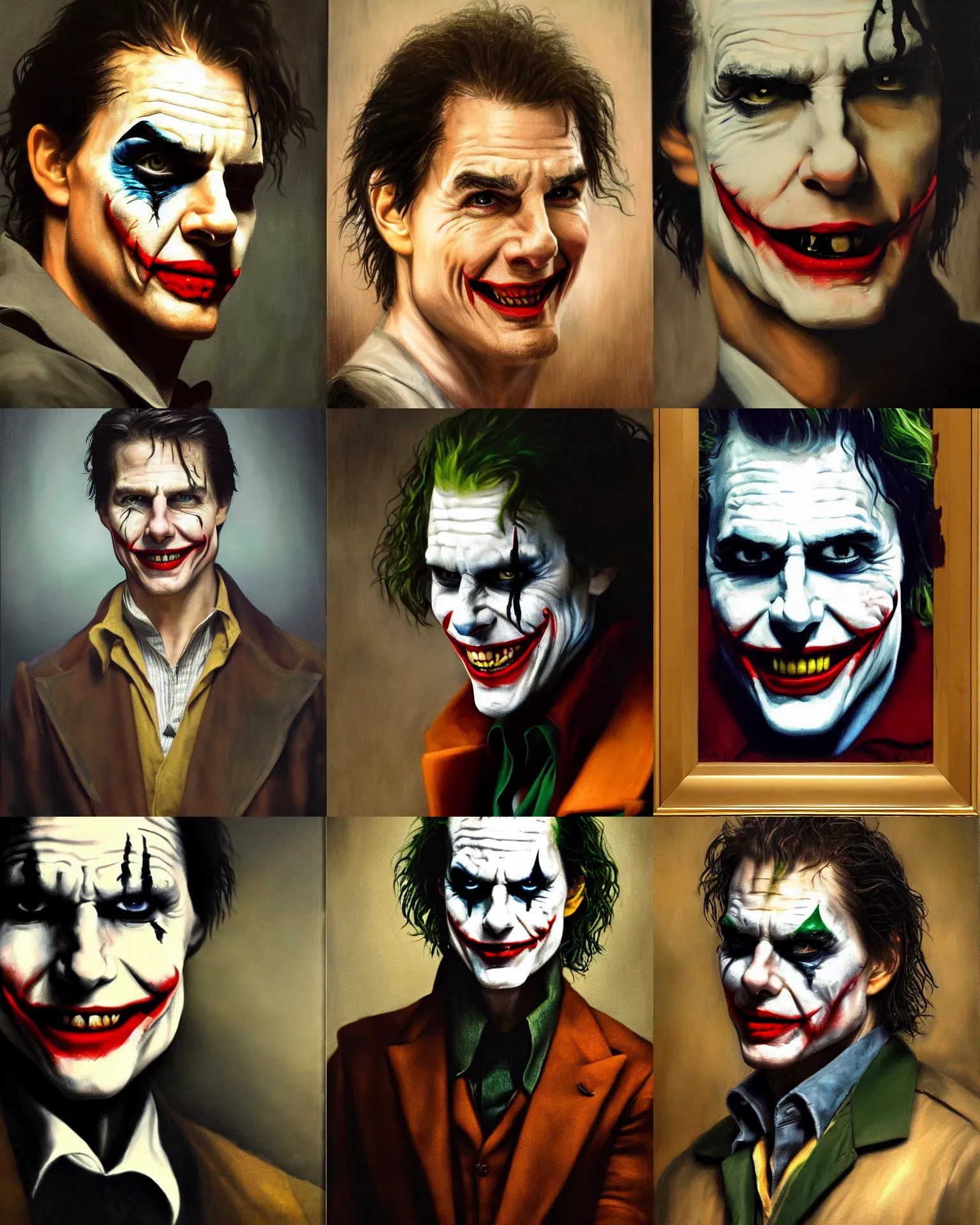 Prompt: tom cruise as the joker, portrait, oil painting, old masters, rembrandt light, classic, cinematic, highly detailed, 8 k