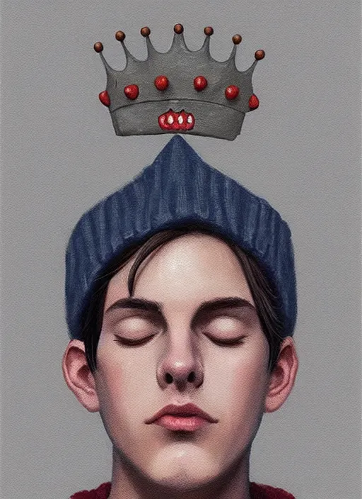 Image similar to portrait of teenage jughead jones wearing a light grey crown, photorealistic, crown, sweater with letter s on it, hamburger, eyes closed, crown, black hair, intricate, elegant, glowing lights, highly detailed, digital painting, artstation, concept art, smooth, sharp focus, illustration, art by wlop, mars ravelo and greg rutkowski