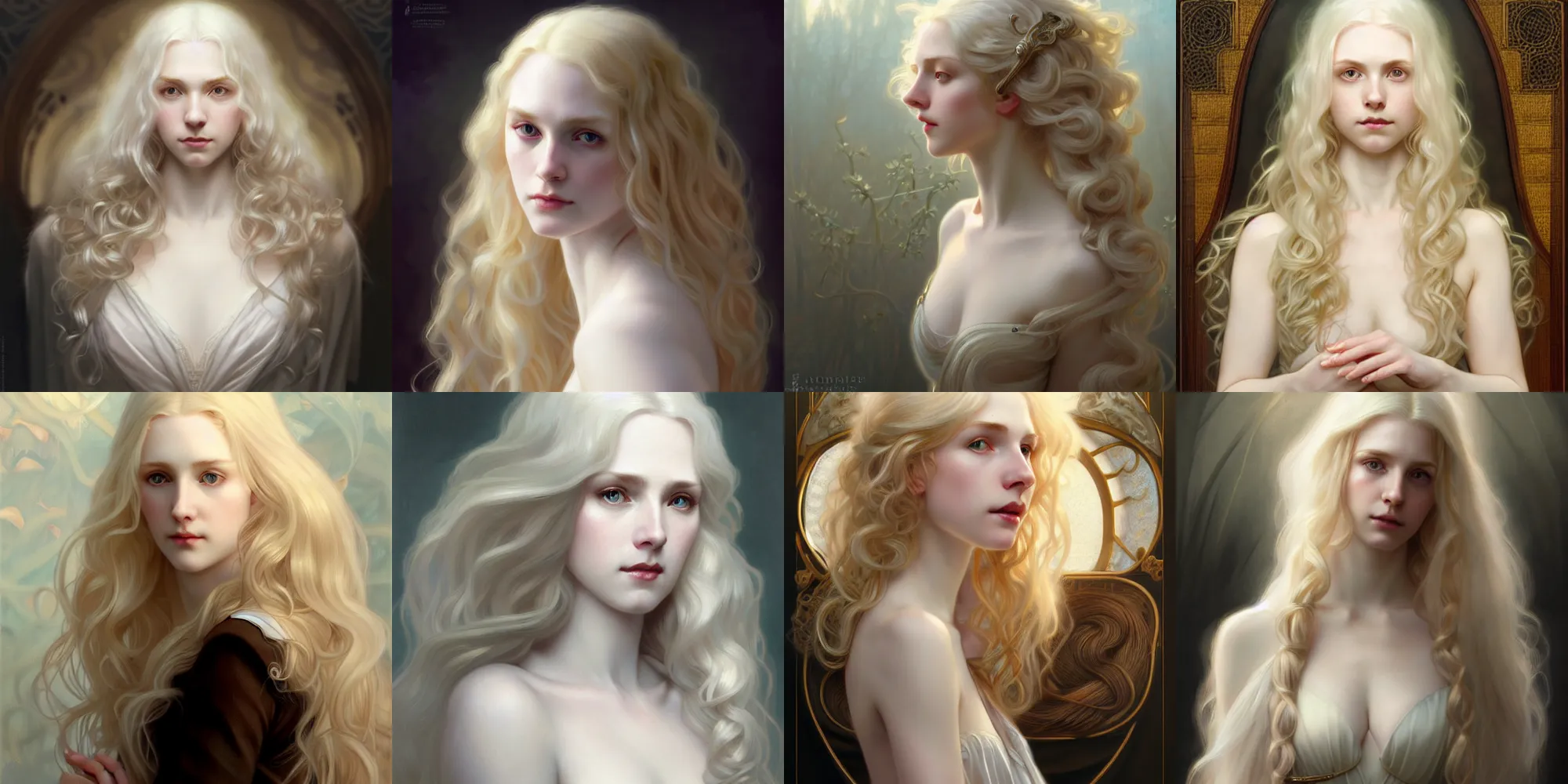 Prompt: pale blond young woman, long curly blond hair, germanic features extremely pale white skin, historical, intricate, elegant, highly detailed, digital painting, artstation, concept art, matte, sharp focus, illustration, art by Artgerm and Greg Rutkowski and Alphonse Mucha, 4K