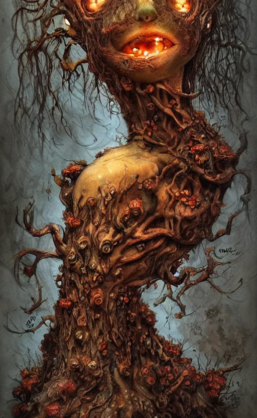 Image similar to rotten tree spirit dryad with a beautiful face and flaming mouth and eyes, mushrooms, fungi, lichen, sketch lines, graphite texture, old parchment, guillermo del toro concept art, justin gerard monsters, intricate ink illustration