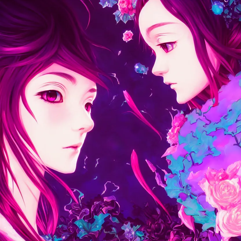 Image similar to side profile macro portrait of one cute modern gothic anime girl with synthwave flower background, gloomhaven, colorful swirly retrowave style fantasy portrait, by lois van baarle, sachin teng, greg rutkowski, jesper ejsing, ilya kuvshinov, extremely detailed digital art, trending on artstation, masterpiece 8 k,