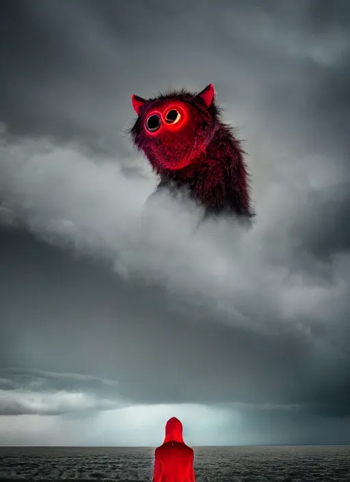 Image similar to hyperrealistic and heavy detailed glowing red eyes dark green furry monster, leica sl 5 0 mm, vivid color, high quality, high textured, real life, full body in shot, far distance, thunder storm